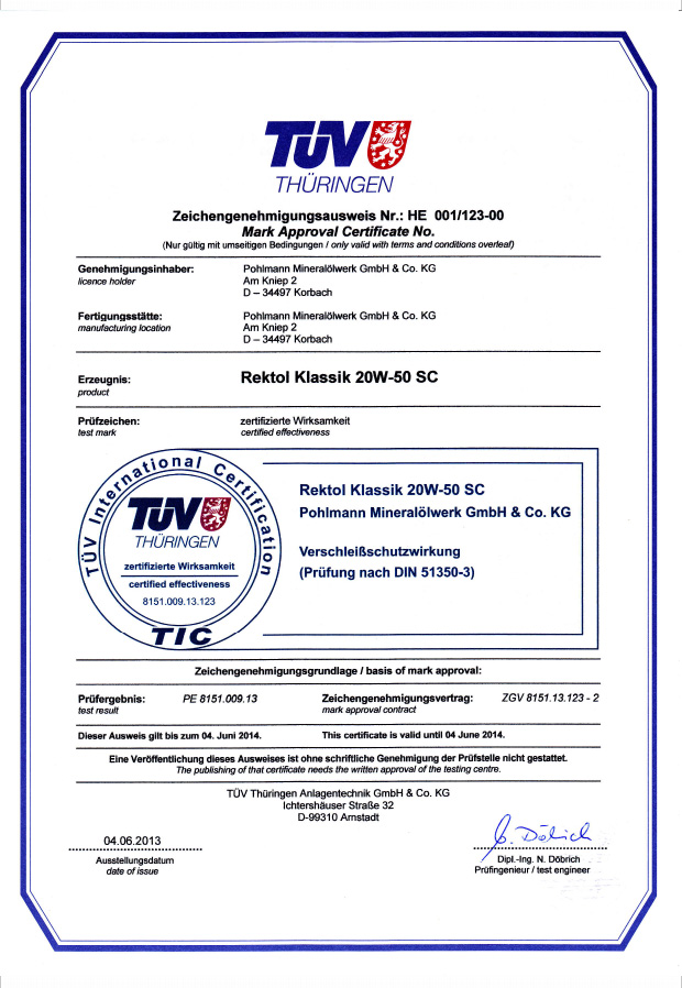 TUVRektol Approval Certificate 20W-50