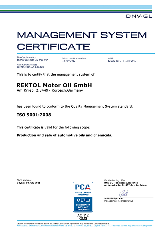 REKTOL ISO certificate en